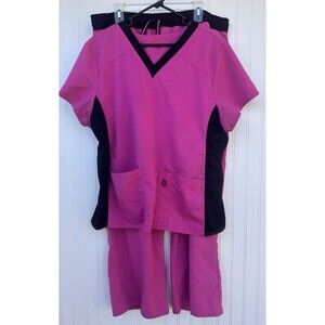 ScrubStar Divine Stretch scrub set in vibrant pink with black contrast panels 2X